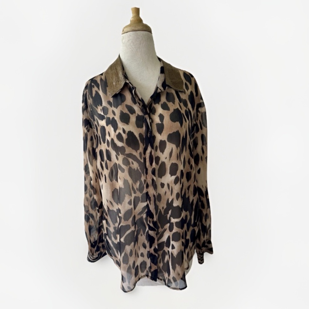 Chico’s Leopard Print Button Blouse Sz 3 Gold Sequin Sheer XL Holiday As Is